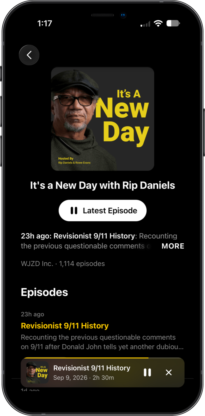 The JZ 94.5 app on iPhone, showing the It's a New Day archive